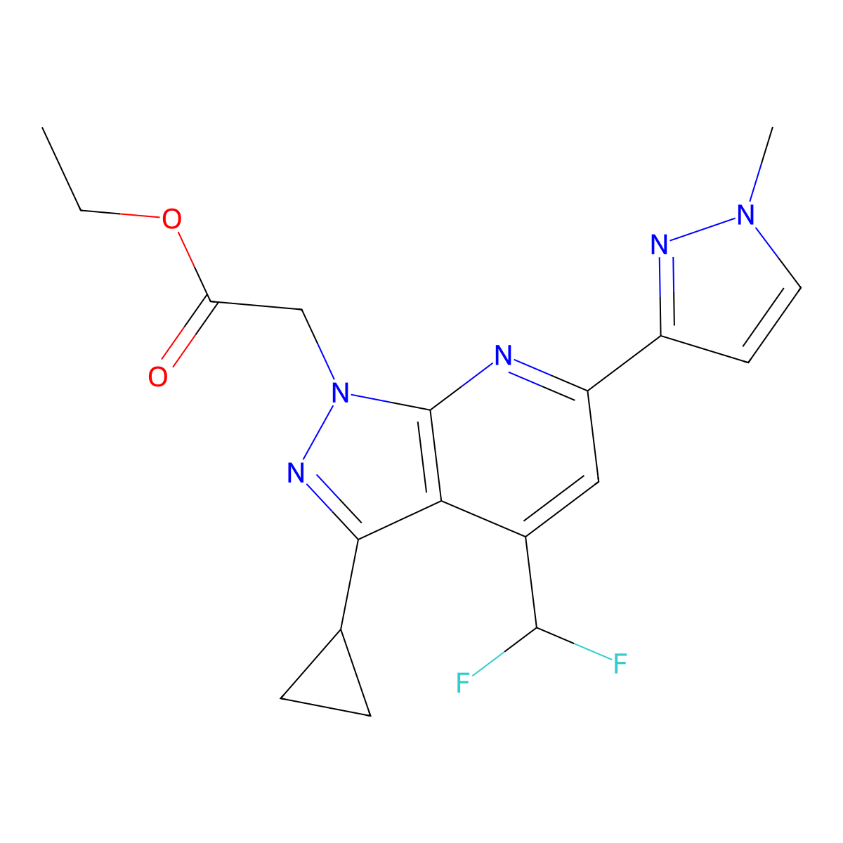 ethyl [3-cyclopropyl-4-(difluoromethyl)-6-(1-methyl-1H-pyrazol-3-yl)-1H-pyrazolo[3,4-b]pyridin-1-yl]acetate molecular structure, CAS 1170548-57-8