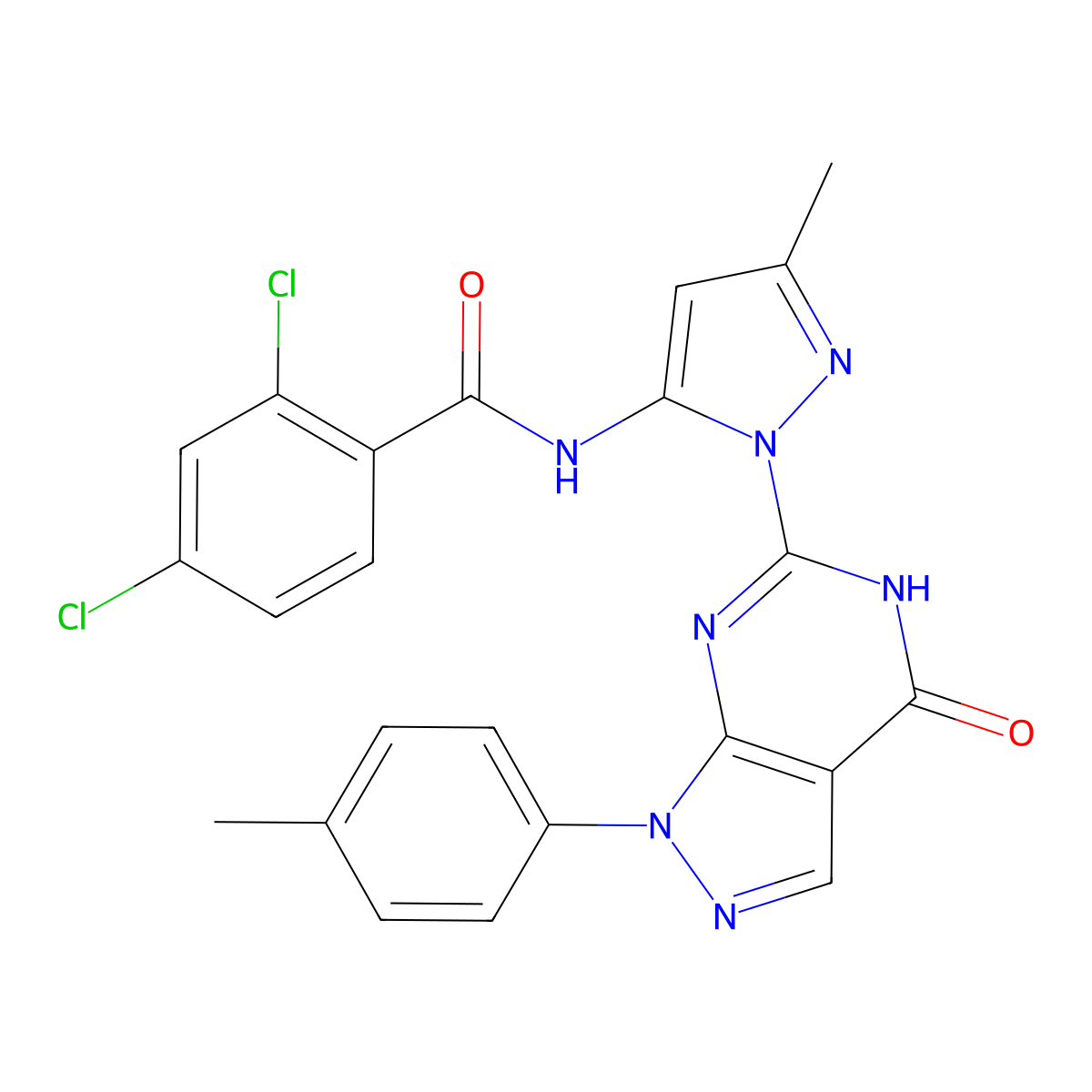 2,4-dichloro-N-(3-methyl-1-(4-oxo-1-(p-tolyl)-4,5-dihydro-1H-pyrazolo[3,4-d]pyrimidin-6-yl)-1H-pyrazol-5-yl)benzamide molecular structure, CAS 1170548-90-9