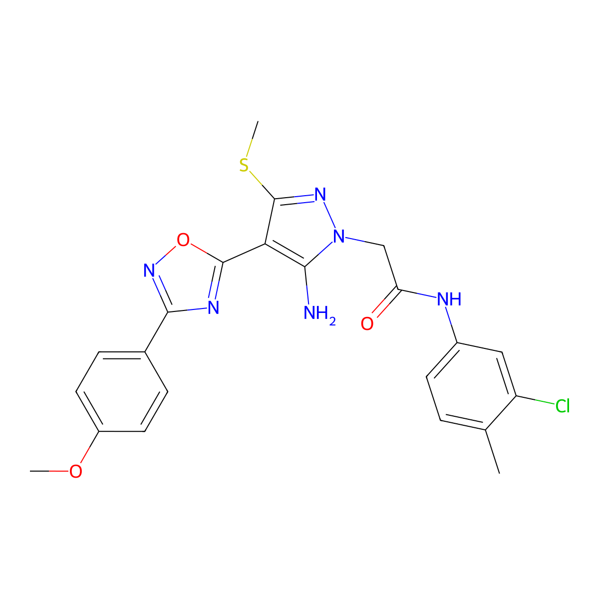 2-{5-amino-4-[3-(4-methoxyphenyl)-1,2,4-oxadiazol-5-yl]-3-(methylsulfanyl)-1H-pyrazol-1-yl}-N-(3-chloro-4-methylphenyl)acetamide molecular structure, CAS 1170549-21-9