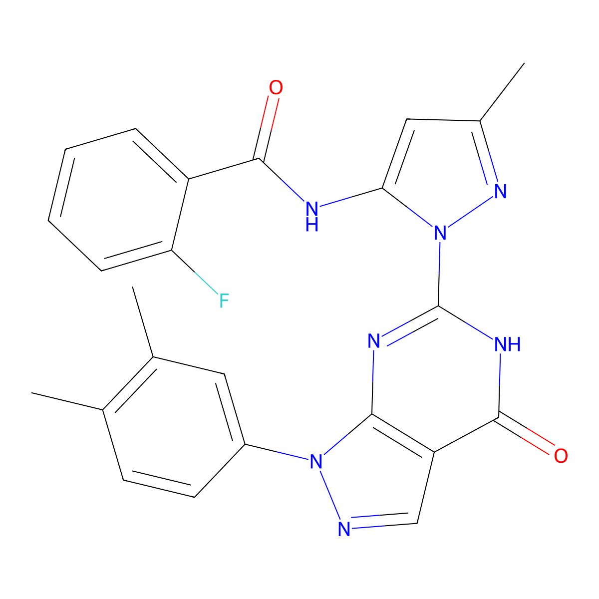 N-(1-(1-(3,4-dimethylphenyl)-4-oxo-4,5-dihydro-1H-pyrazolo[3,4-d]pyrimidin-6-yl)-3-methyl-1H-pyrazol-5-yl)-2-fluorobenzamide molecular structure, CAS 1170550-03-4