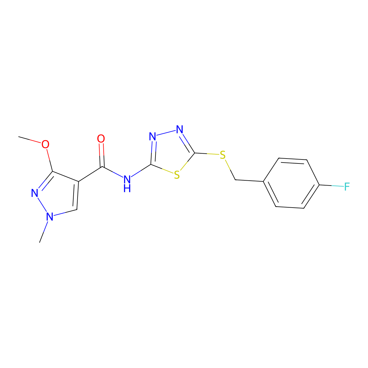 N-(5-((4-fluorobenzyl)thio)-1,3,4-thiadiazol-2-yl)-3-methoxy-1-methyl-1H-pyrazole-4-carboxamide molecular structure, CAS 1170550-40-9