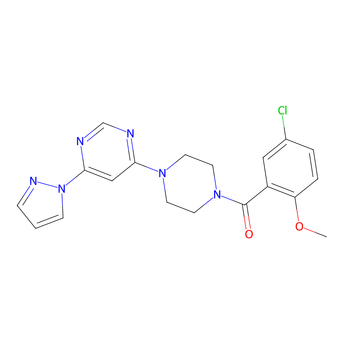 (4-(6-(1H-pyrazol-1-yl)pyrimidin-4-yl)piperazin-1-yl)(5-chloro-2-methoxyphenyl)methanone molecular structure, CAS 1170552-61-0