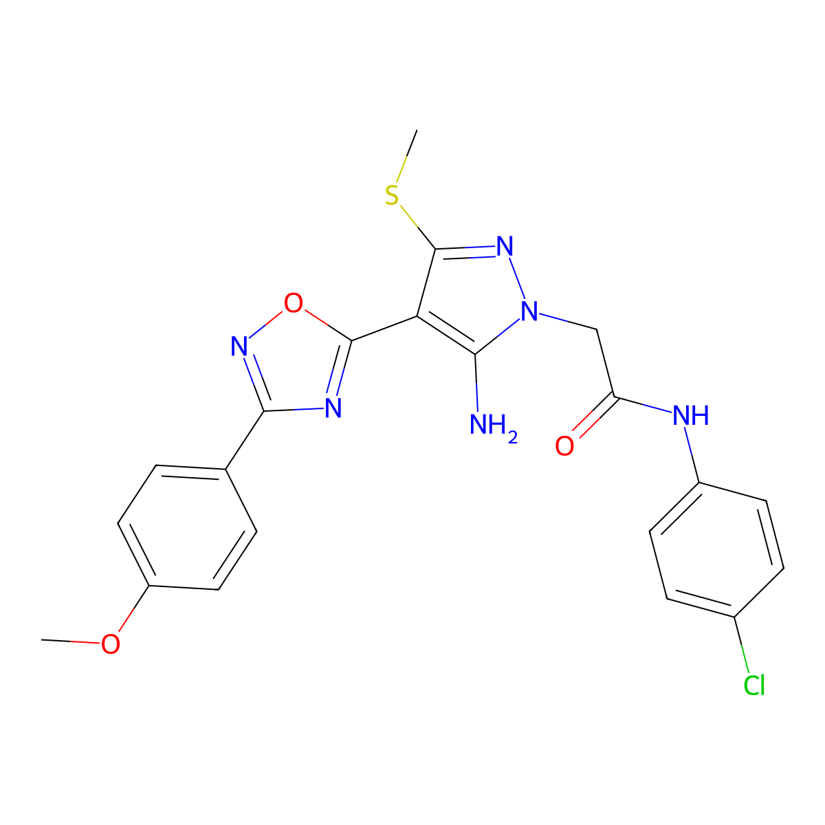 2-{5-amino-4-[3-(4-methoxyphenyl)-1,2,4-oxadiazol-5-yl]-3-(methylsulfanyl)-1H-pyrazol-1-yl}-N-(4-chlorophenyl)acetamide molecular structure, CAS 1170553-50-0