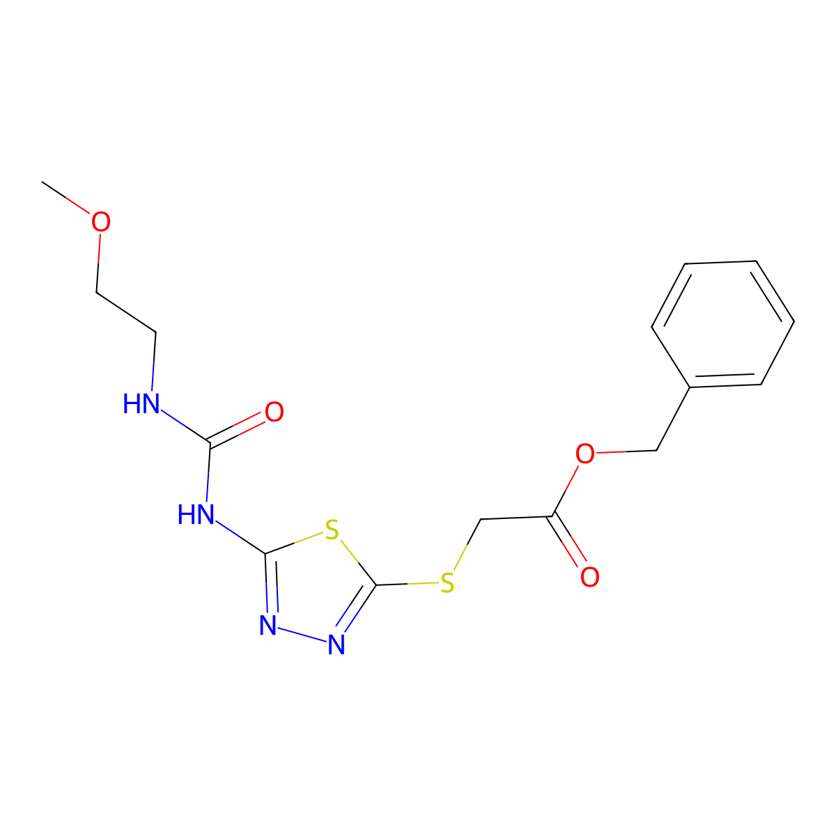 Benzyl 2-((5-(3-(2-methoxyethyl)ureido)-1,3,4-thiadiazol-2-yl)thio)acetate molecular structure, CAS 1170554-20-7