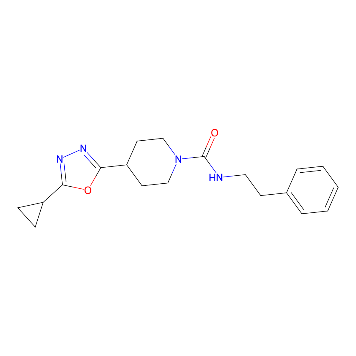 4-(5-cyclopropyl-1,3,4-oxadiazol-2-yl)-N-phenethylpiperidine-1-carboxamide molecular structure, CAS 1170555-23-3