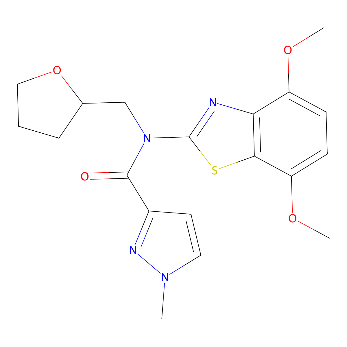 N-(4,7-dimethoxybenzo[d]thiazol-2-yl)-1-methyl-N-((tetrahydrofuran-2-yl)methyl)-1H-pyrazole-3-carboxamide molecular structure, CAS 1170559-94-0