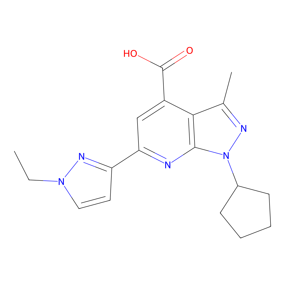 1-cyclopentyl-6-(1-ethyl-1H-pyrazol-3-yl)-3-methyl-1H-pyrazolo[3,4-b]pyridine-4-carboxylic acid molecular structure, CAS 1170560-04-9