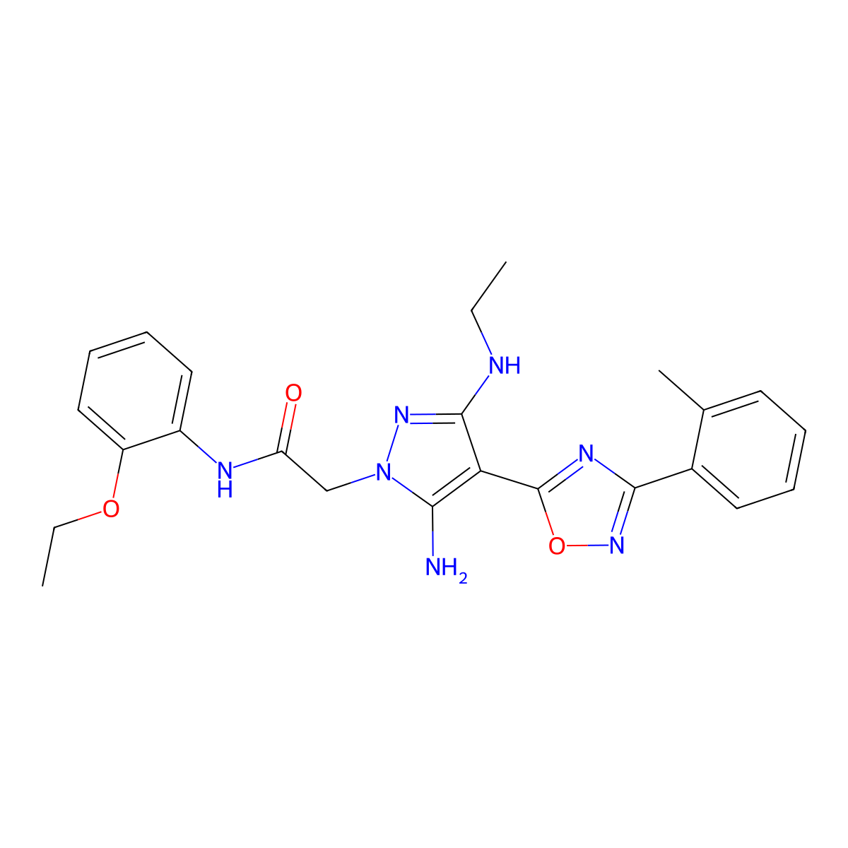 2-(5-amino-3-(ethylamino)-4-(3-(o-tolyl)-1,2,4-oxadiazol-5-yl)-1H-pyrazol-1-yl)-N-(2-ethoxyphenyl)acetamide molecular structure, CAS 1170563-09-3