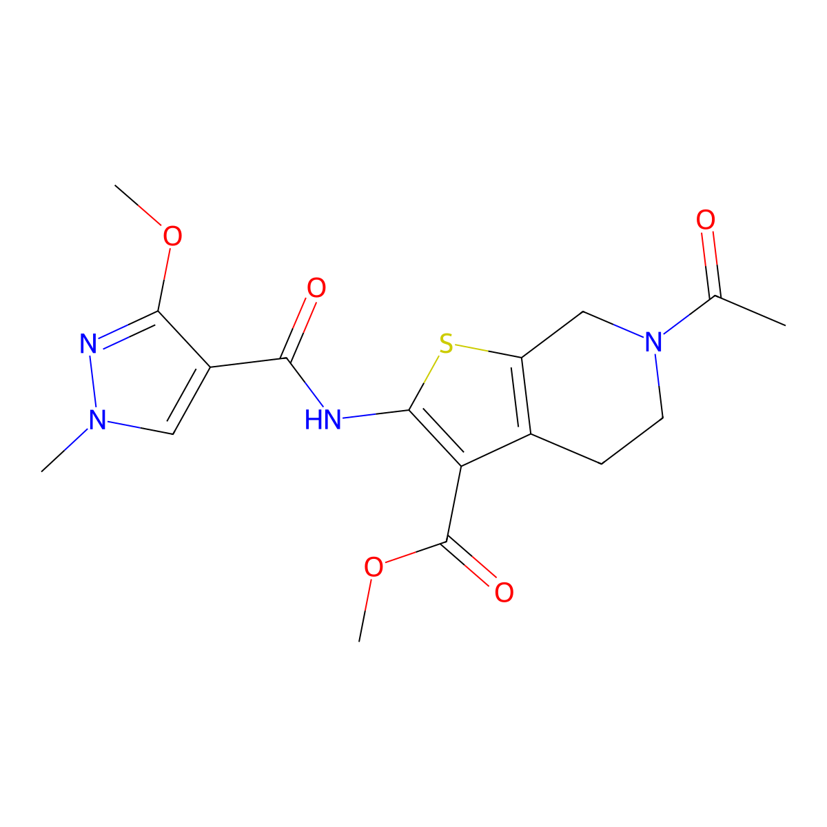 methyl 6-acetyl-2-(3-methoxy-1-methyl-1H-pyrazole-4-carboxamido)-4,5,6,7-tetrahydrothieno[2,3-c]pyridine-3-carboxylate molecular structure, CAS 1170563-74-2