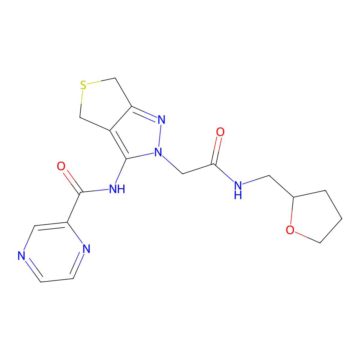 N-(2-(2-oxo-2-(((tetrahydrofuran-2-yl)methyl)amino)ethyl)-4,6-dihydro-2H-thieno[3,4-c]pyrazol-3-yl)pyrazine-2-carboxamide molecular structure, CAS 1170566-45-6