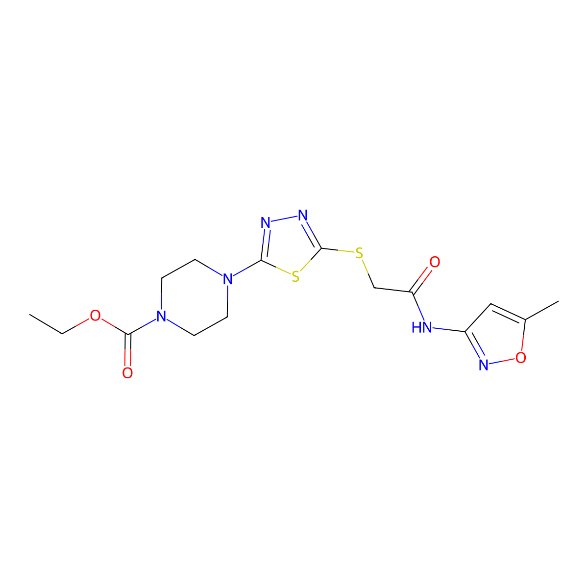 Ethyl 4-(5-((2-((5-methylisoxazol-3-yl)amino)-2-oxoethyl)thio)-1,3,4-thiadiazol-2-yl)piperazine-1-carboxylate molecular structure, CAS 1170567-71-1