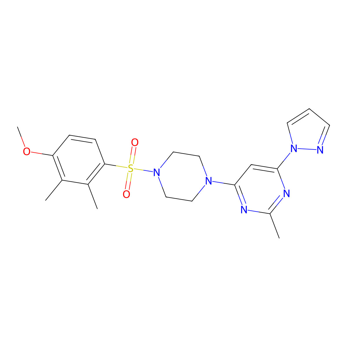 4-[4-(4-methoxy-2,3-dimethylbenzenesulfonyl)piperazin-1-yl]-2-methyl-6-(1H-pyrazol-1-yl)pyrimidine molecular structure, CAS 1170569-25-1