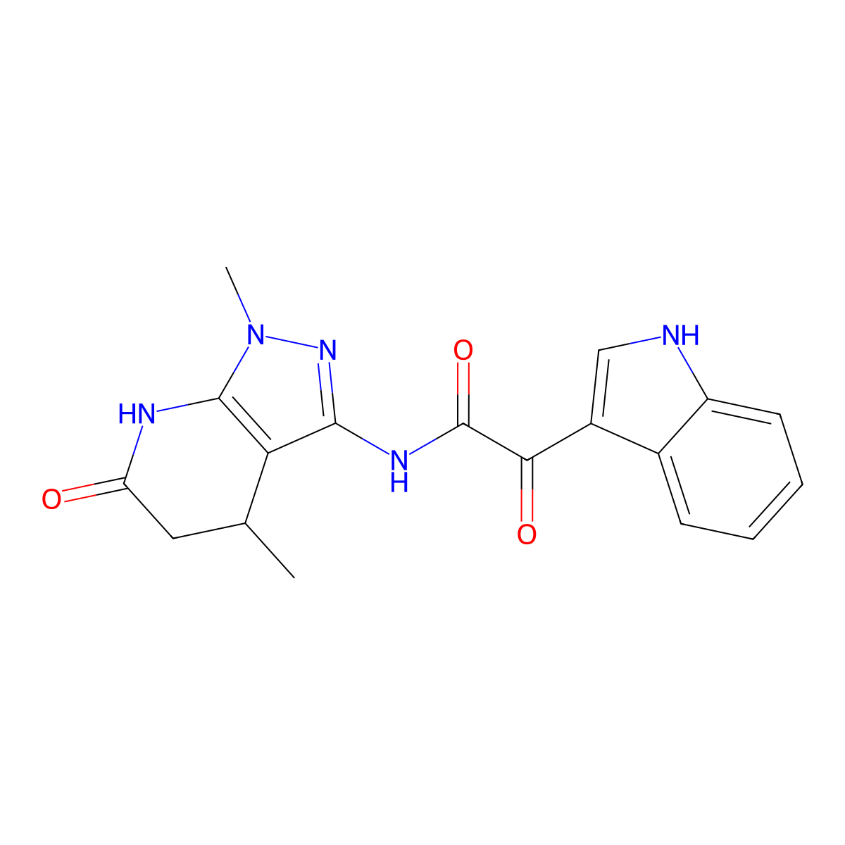 N-(1,4-dimethyl-6-oxo-4,5,6,7-tetrahydro-1H-pyrazolo[3,4-b]pyridin-3-yl)-2-(1H-indol-3-yl)-2-oxoacetamide molecular structure, CAS 1170571-54-6