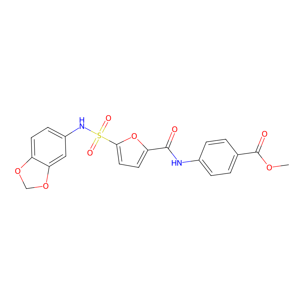 methyl 4-(5-(N-(benzo[d][1,3]dioxol-5-yl)sulfamoyl)furan-2-carboxamido)benzoate molecular structure, CAS 1170572-39-0
