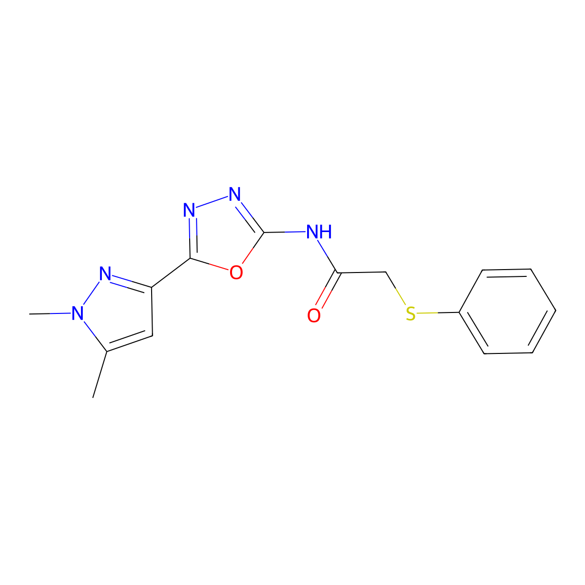 N-(5-(1,5-dimethyl-1H-pyrazol-3-yl)-1,3,4-oxadiazol-2-yl)-2-(phenylthio)acetamide molecular structure, CAS 1170572-44-7