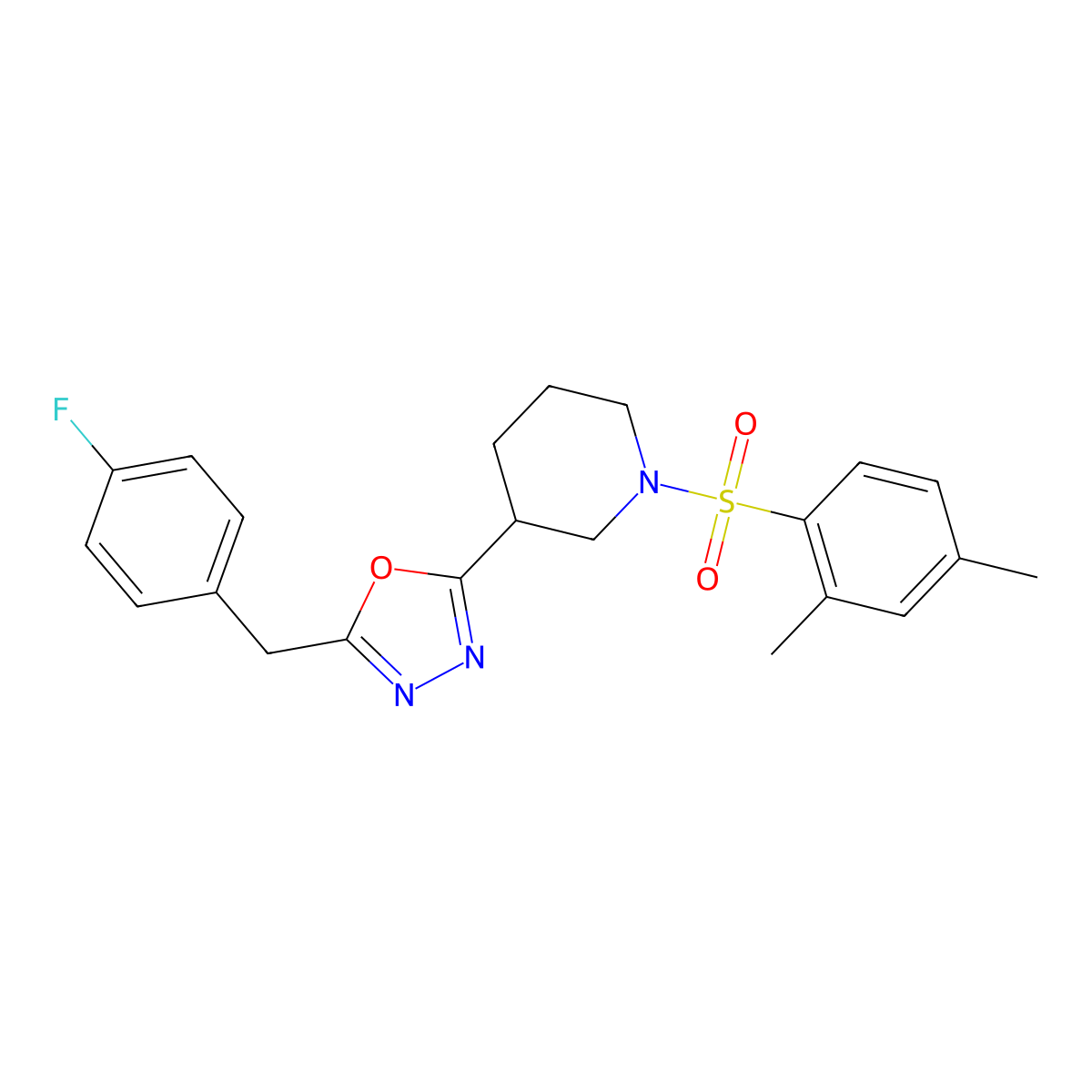 2-(1-((2,4-Dimethylphenyl)sulfonyl)piperidin-3-yl)-5-(4-fluorobenzyl)-1,3,4-oxadiazole molecular structure, CAS 1170572-76-5