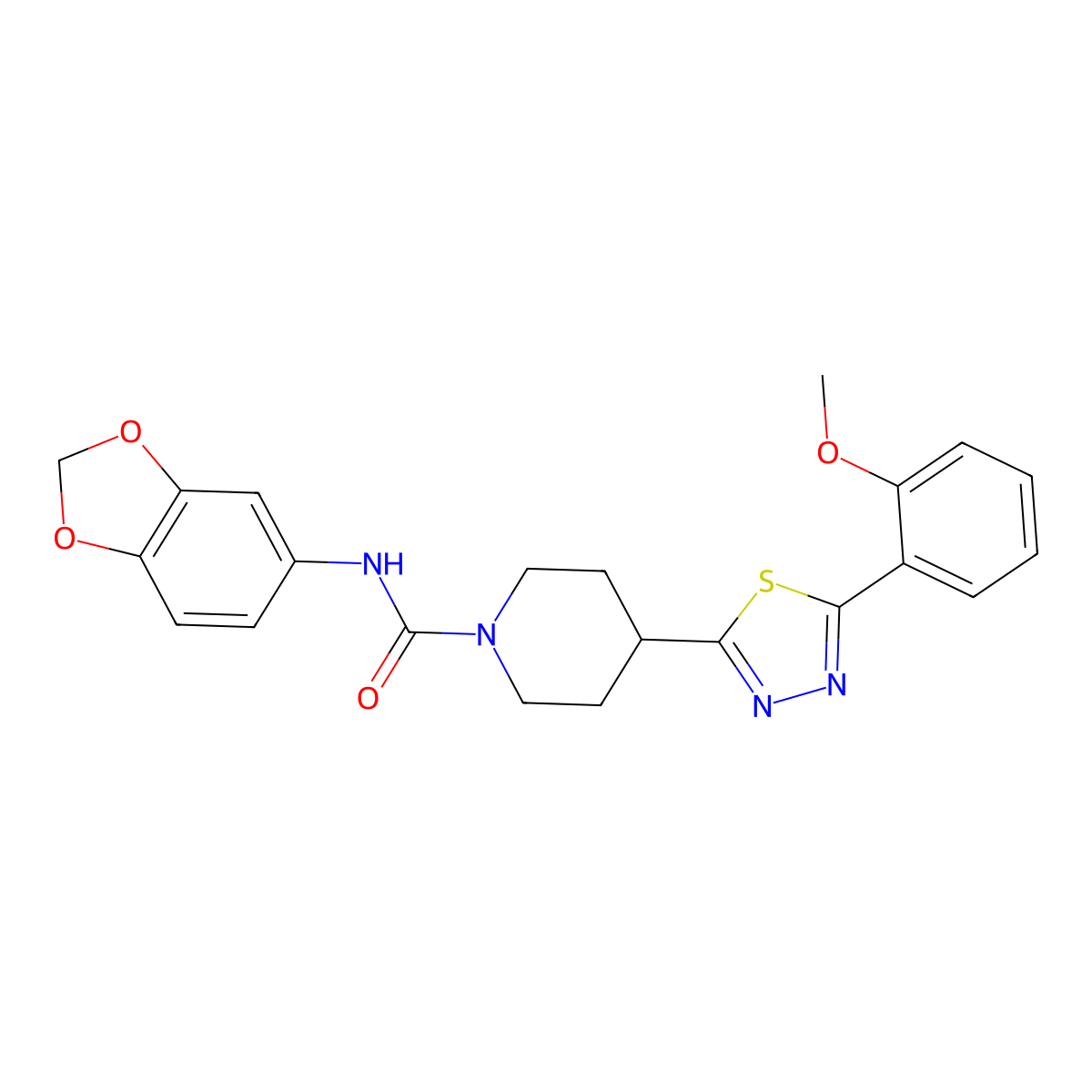 N-(benzo[d][1,3]dioxol-5-yl)-4-(5-(2-methoxyphenyl)-1,3,4-thiadiazol-2-yl)piperidine-1-carboxamide molecular structure, CAS 1170578-95-6