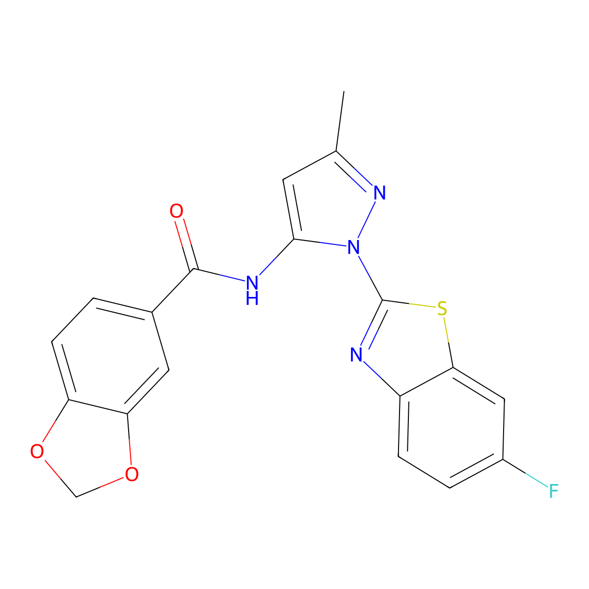 N-[1-(6-fluoro-1,3-benzothiazol-2-yl)-3-methyl-1H-pyrazol-5-yl]-2H-1,3-benzodioxole-5-carboxamide molecular structure, CAS 1170579-27-7