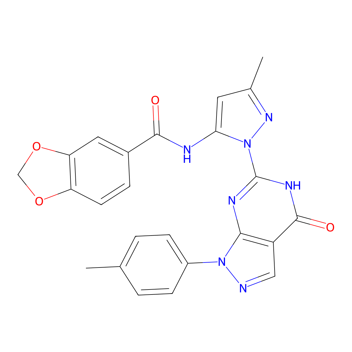 N-(3-methyl-1-(4-oxo-1-(p-tolyl)-4,5-dihydro-1H-pyrazolo[3,4-d]pyrimidin-6-yl)-1H-pyrazol-5-yl)benzo[d][1,3]dioxole-5-carboxamide molecular structure, CAS 1170580-24-1