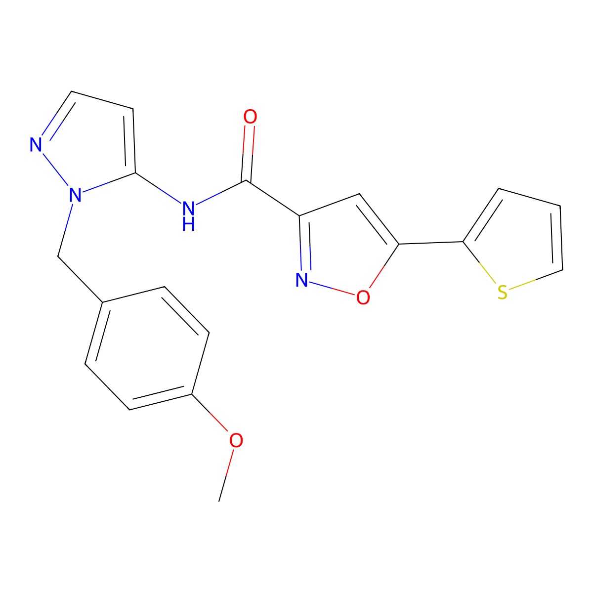 N-[1-(4-methoxybenzyl)-1H-pyrazol-5-yl]-5-(thiophen-2-yl)-1,2-oxazole-3-carboxamide molecular structure, CAS 1170581-20-0