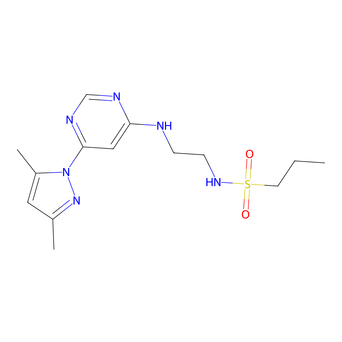 N-(2-((6-(3,5-dimethyl-1H-pyrazol-1-yl)pyrimidin-4-yl)amino)ethyl)propane-1-sulfonamide molecular structure, CAS 1170585-78-0