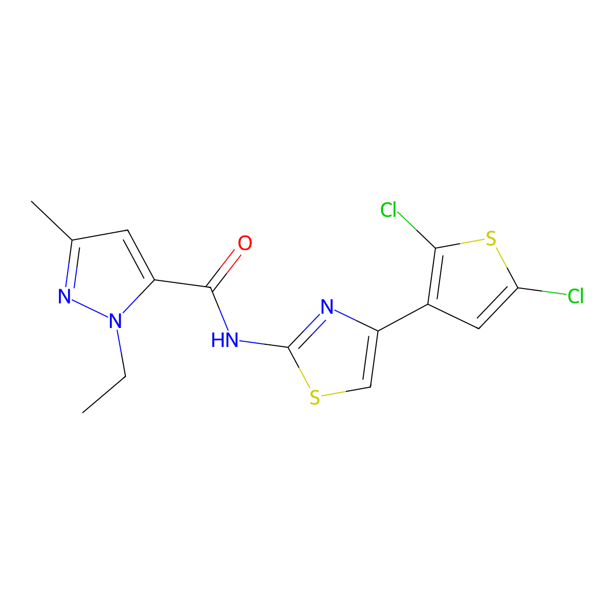 N-[4-(2,5-dichlorothiophen-3-yl)-1,3-thiazol-2-yl]-1-ethyl-3-methyl-1H-pyrazole-5-carboxamide molecular structure, CAS 1170586-90-9