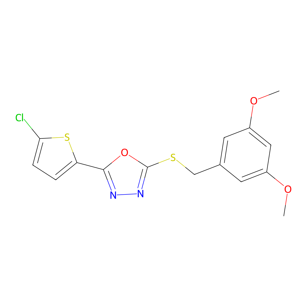 2-(5-Chlorothiophen-2-yl)-5-((3,5-dimethoxybenzyl)thio)-1,3,4-oxadiazole molecular structure, CAS 1170587-07-1