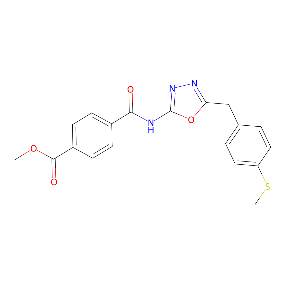 Methyl 4-((5-(4-(methylthio)benzyl)-1,3,4-oxadiazol-2-yl)carbamoyl)benzoate molecular structure, CAS 1170588-53-0