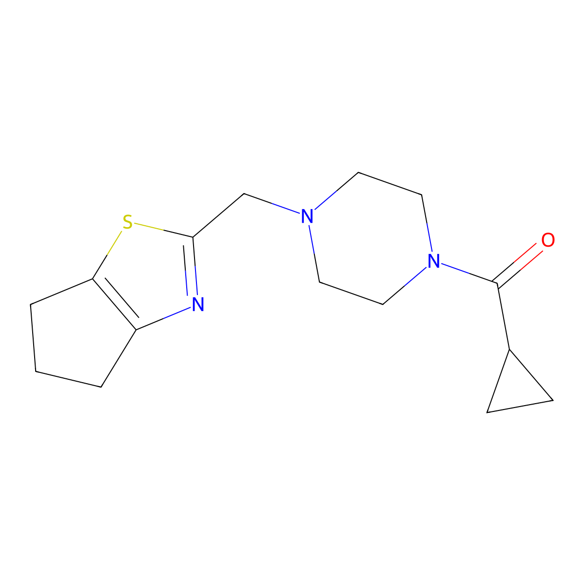 1-({4H,5H,6H-cyclopenta[d][1,3]thiazol-2-yl}methyl)-4-cyclopropanecarbonylpiperazine molecular structure, CAS 1170588-86-9