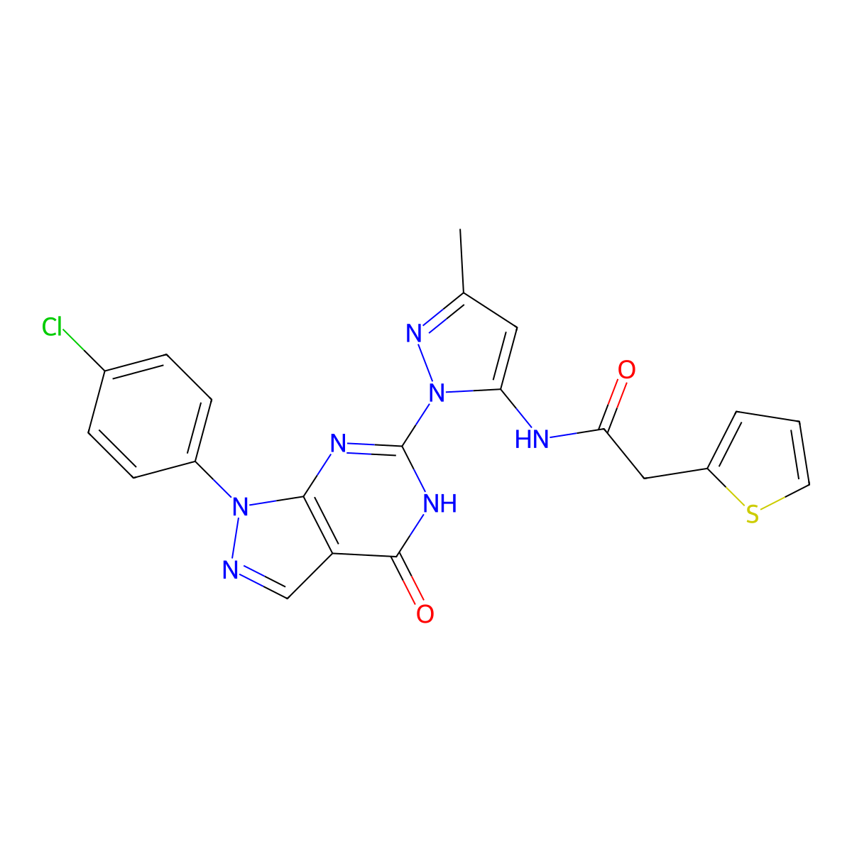N-(1-(1-(4-chlorophenyl)-4-oxo-4,5-dihydro-1H-pyrazolo[3,4-d]pyrimidin-6-yl)-3-methyl-1H-pyrazol-5-yl)-2-(thiophen-2-yl)acetamide molecular structure, CAS 1170592-20-7
