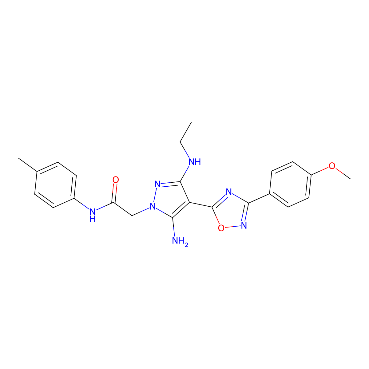2-[5-amino-3-(ethylamino)-4-[3-(4-methoxyphenyl)-1,2,4-oxadiazol-5-yl]-1H-pyrazol-1-yl]-N-(4-methylphenyl)acetamide molecular structure, CAS 1170594-76-9