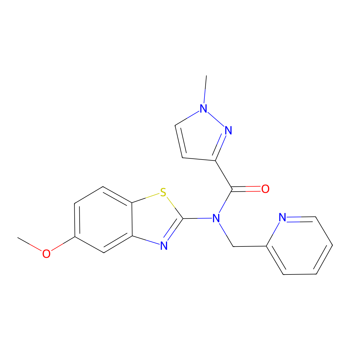 N-(5-methoxy-1,3-benzothiazol-2-yl)-1-methyl-N-[(pyridin-2-yl)methyl]-1H-pyrazole-3-carboxamide molecular structure, CAS 1170596-93-6