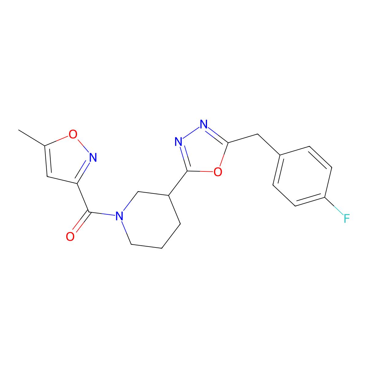 (3-(5-(4-Fluorobenzyl)-1,3,4-oxadiazol-2-yl)piperidin-1-yl)(5-methylisoxazol-3-yl)methanone molecular structure, CAS 1170597-11-1