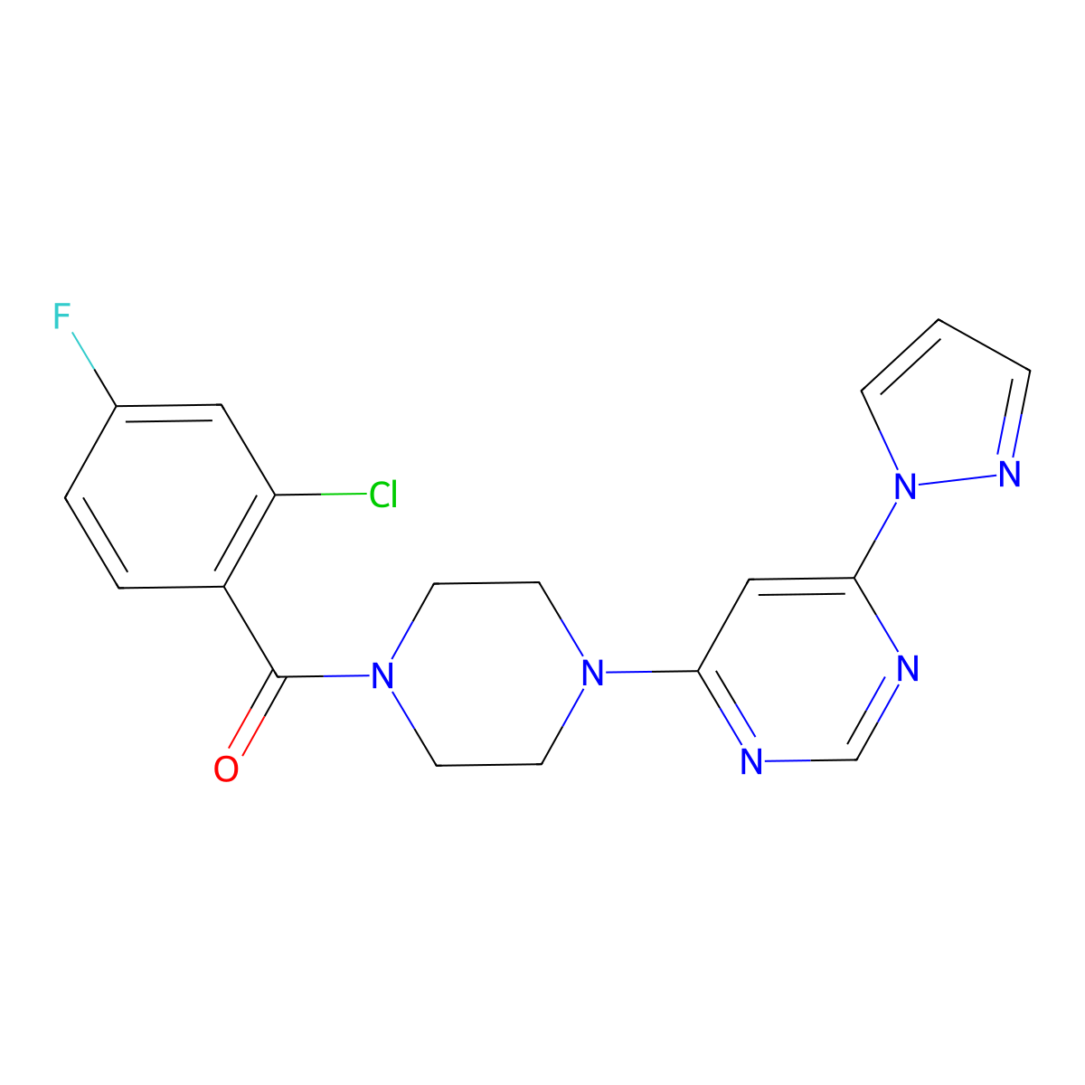(4-(6-(1H-pyrazol-1-yl)pyrimidin-4-yl)piperazin-1-yl)(2-chloro-4-fluorophenyl)methanone molecular structure, CAS 1170597-14-4