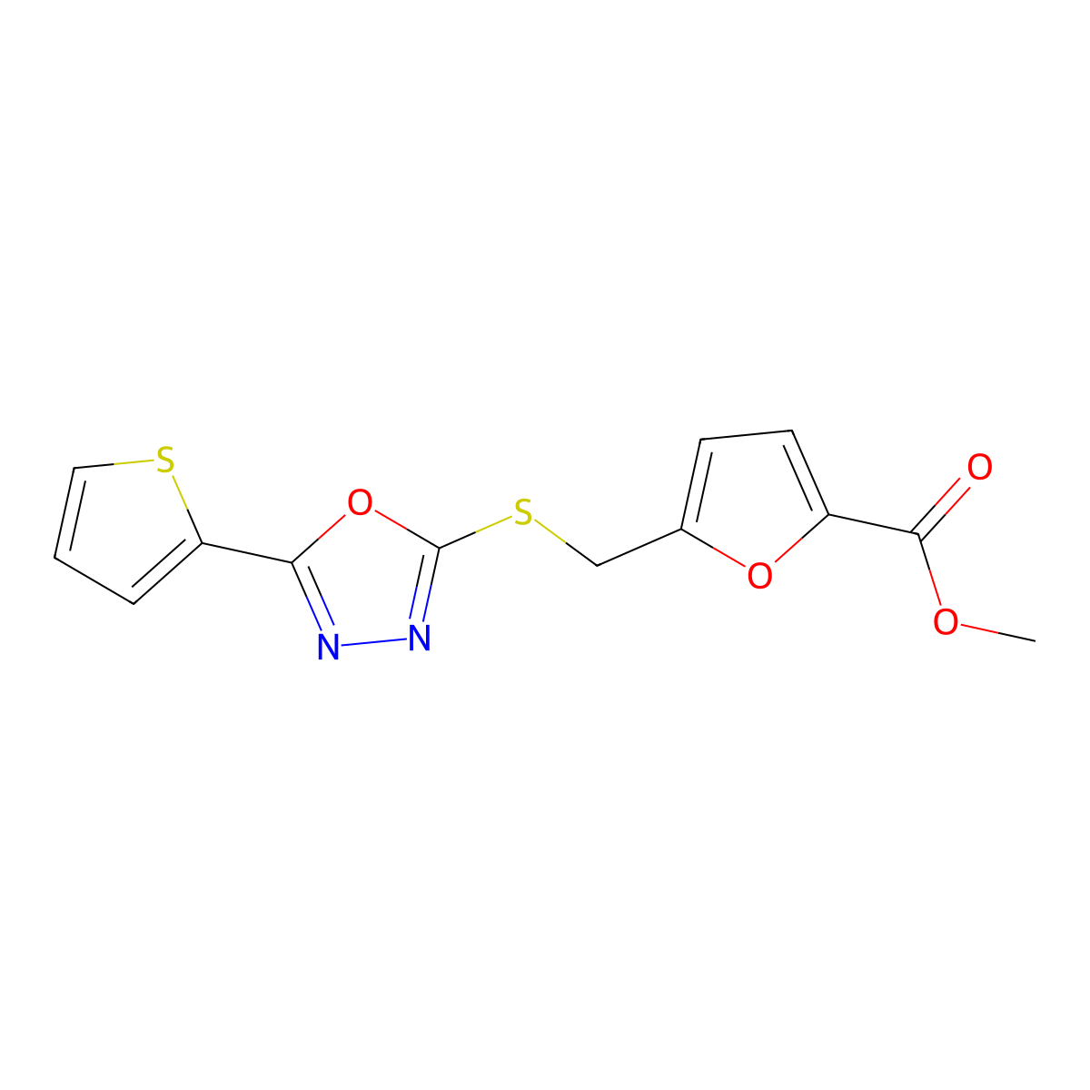 Methyl 5-({[5-(thiophen-2-yl)-1,3,4-oxadiazol-2-yl]sulfanyl}methyl)furan-2-carboxylate molecular structure, CAS 1170606-37-7