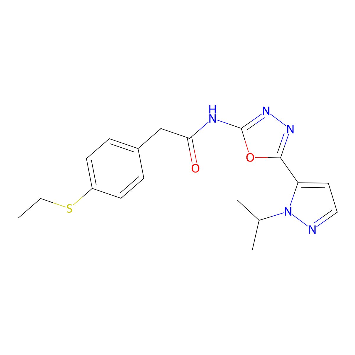 2-(4-(ethylthio)phenyl)-N-(5-(1-isopropyl-1H-pyrazol-5-yl)-1,3,4-oxadiazol-2-yl)acetamide molecular structure, CAS 1170609-53-6