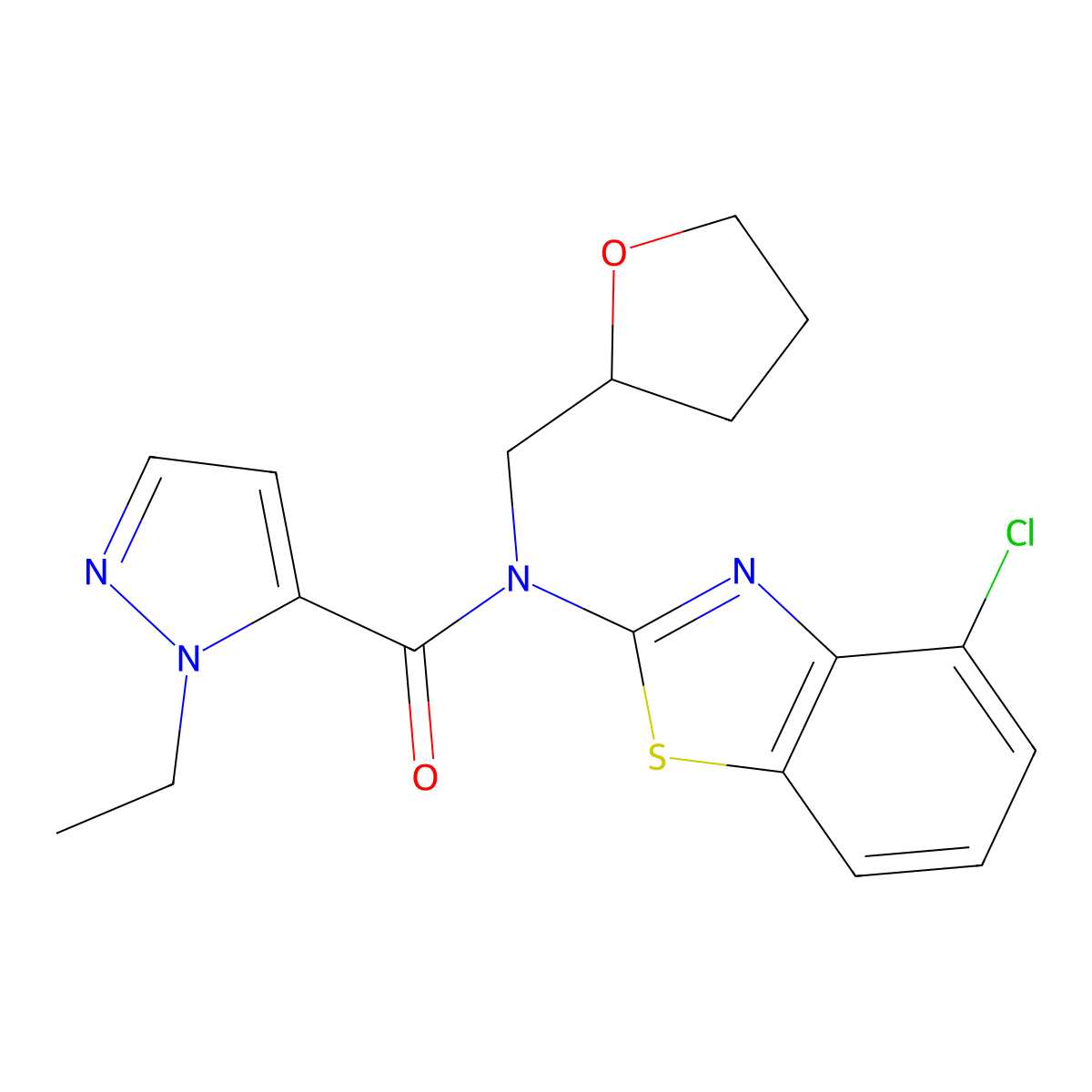 N-(4-chlorobenzo[d]thiazol-2-yl)-1-ethyl-N-((tetrahydrofuran-2-yl)methyl)-1H-pyrazole-5-carboxamide molecular structure, CAS 1170614-73-9