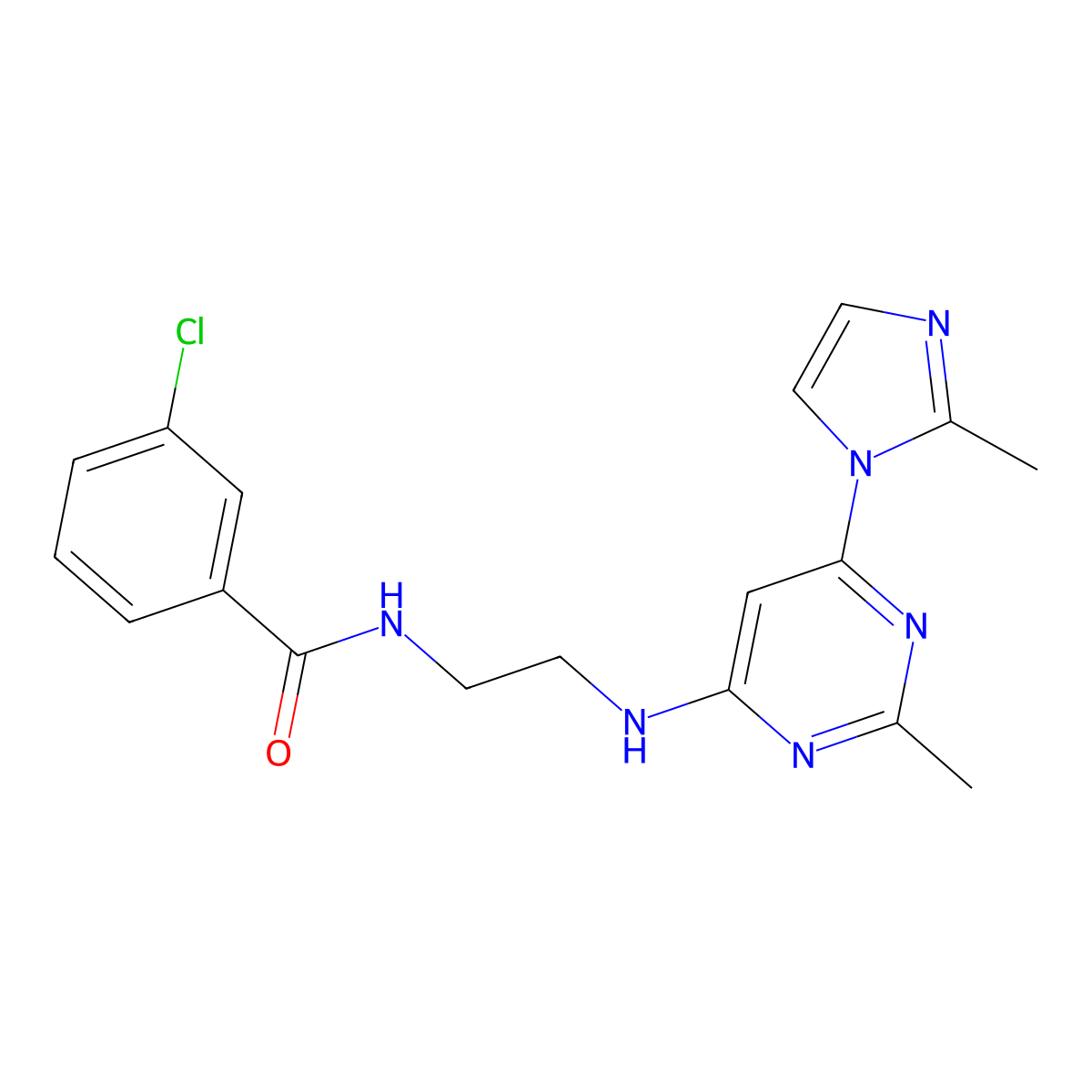3-chloro-N-(2-((2-methyl-6-(2-methyl-1H-imidazol-1-yl)pyrimidin-4-yl)amino)ethyl)benzamide molecular structure, CAS 1170617-74-9
