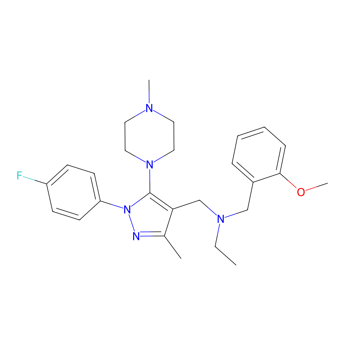 N-ethyl-N-{[1-(4-fluorophenyl)-3-methyl-5-(4-methylpiperazino)-1H-pyrazol-4-yl]methyl}-N-(2-methoxybenzyl)amine molecular structure, CAS 1170618-29-7