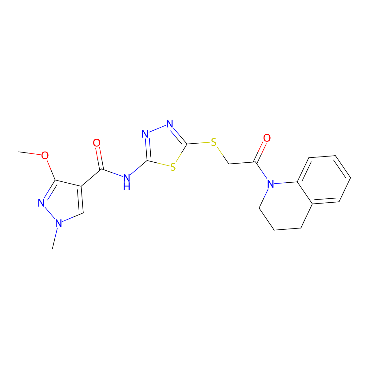 N-(5-((2-(3,4-dihydroquinolin-1(2H)-yl)-2-oxoethyl)thio)-1,3,4-thiadiazol-2-yl)-3-methoxy-1-methyl-1H-pyrazole-4-carboxamide molecular structure, CAS 1170619-51-8
