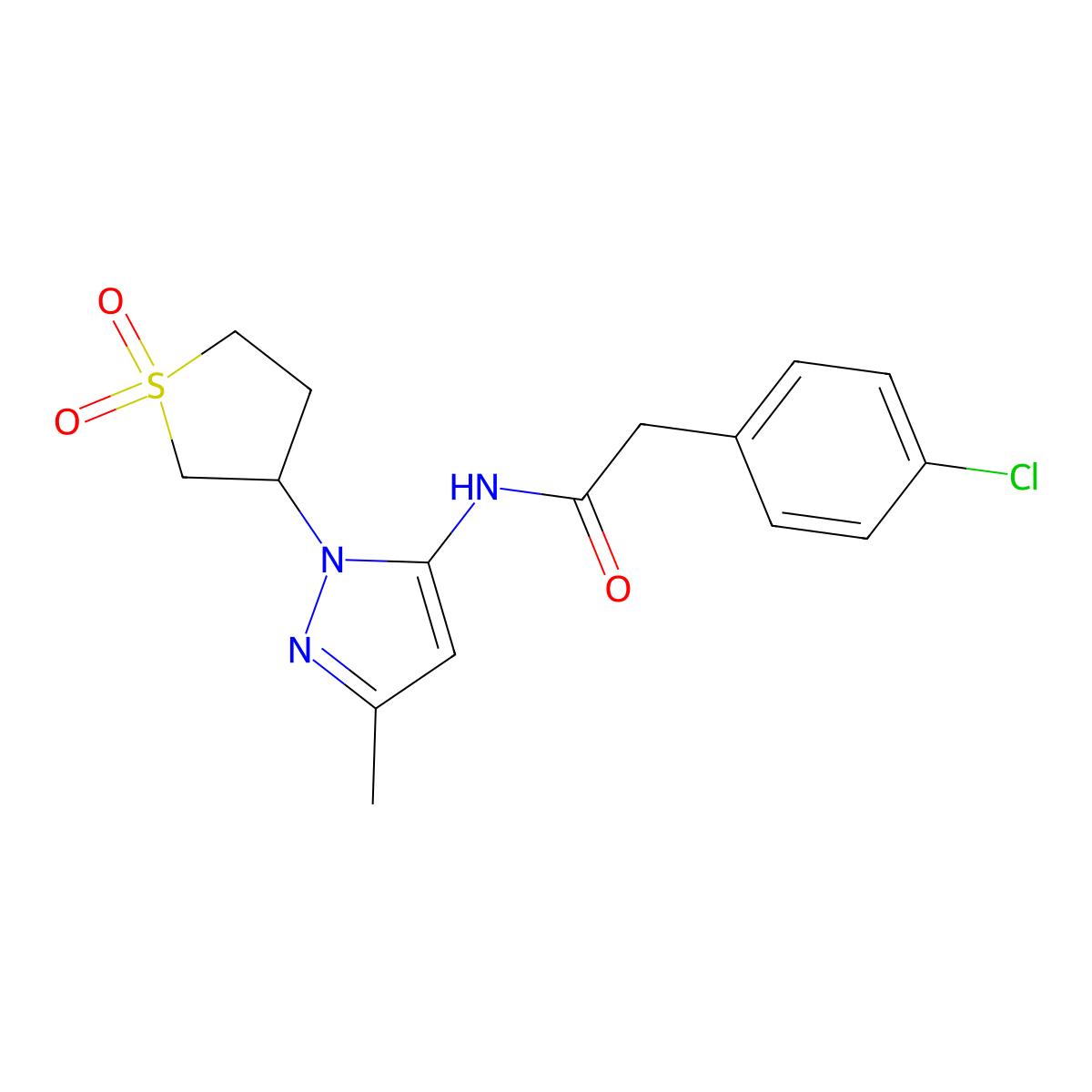 2-(4-chlorophenyl)-N-(1-(1,1-dioxidotetrahydrothiophen-3-yl)-3-methyl-1H-pyrazol-5-yl)acetamide molecular structure, CAS 1170620-52-6