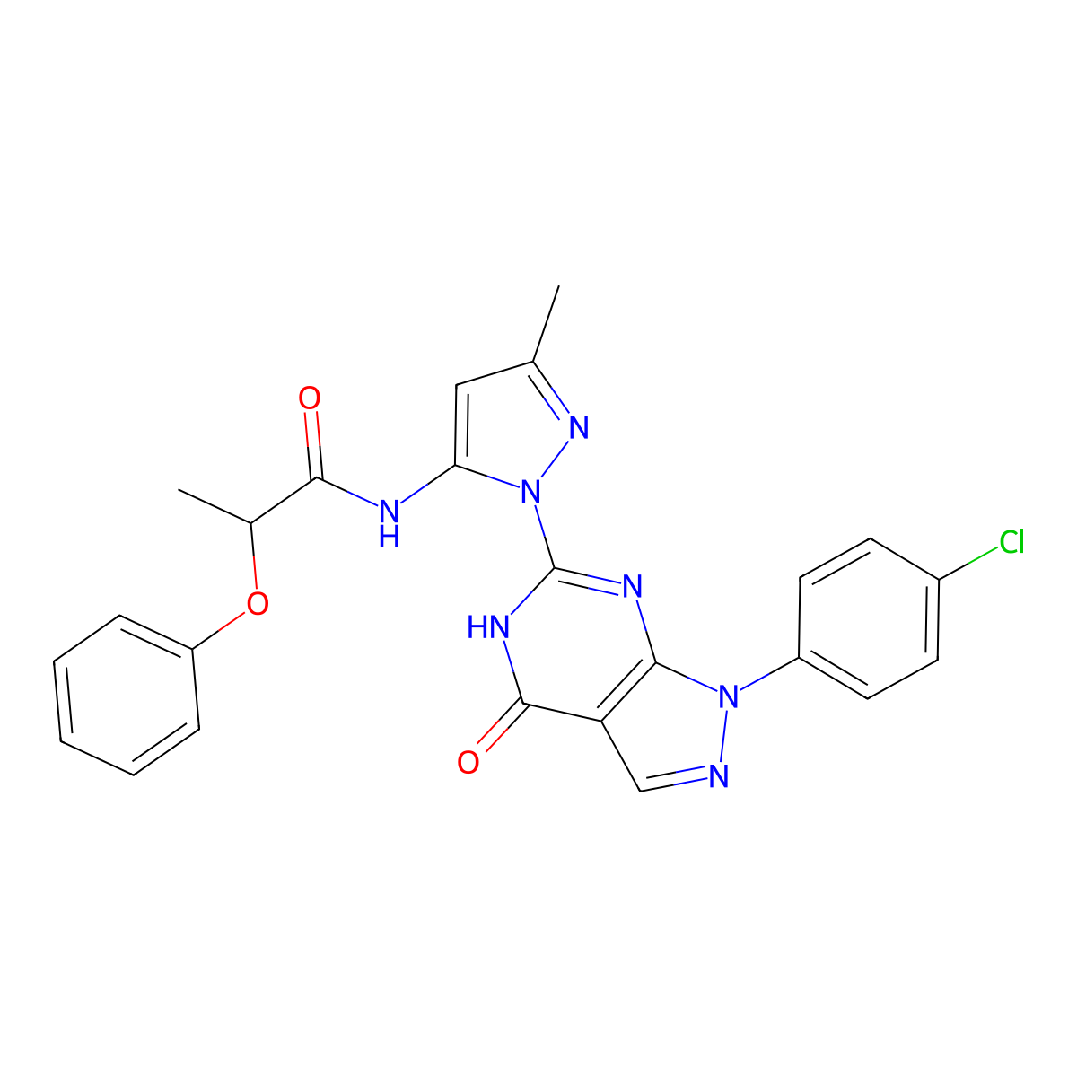 N-[2-[1-(4-Chlorophenyl)-4-oxo-5H-pyrazolo[3,4-d]pyrimidin-6-yl]-5-methylpyrazol-3-yl]-2-phenoxypropanamide molecular structure, CAS 1170621-61-0