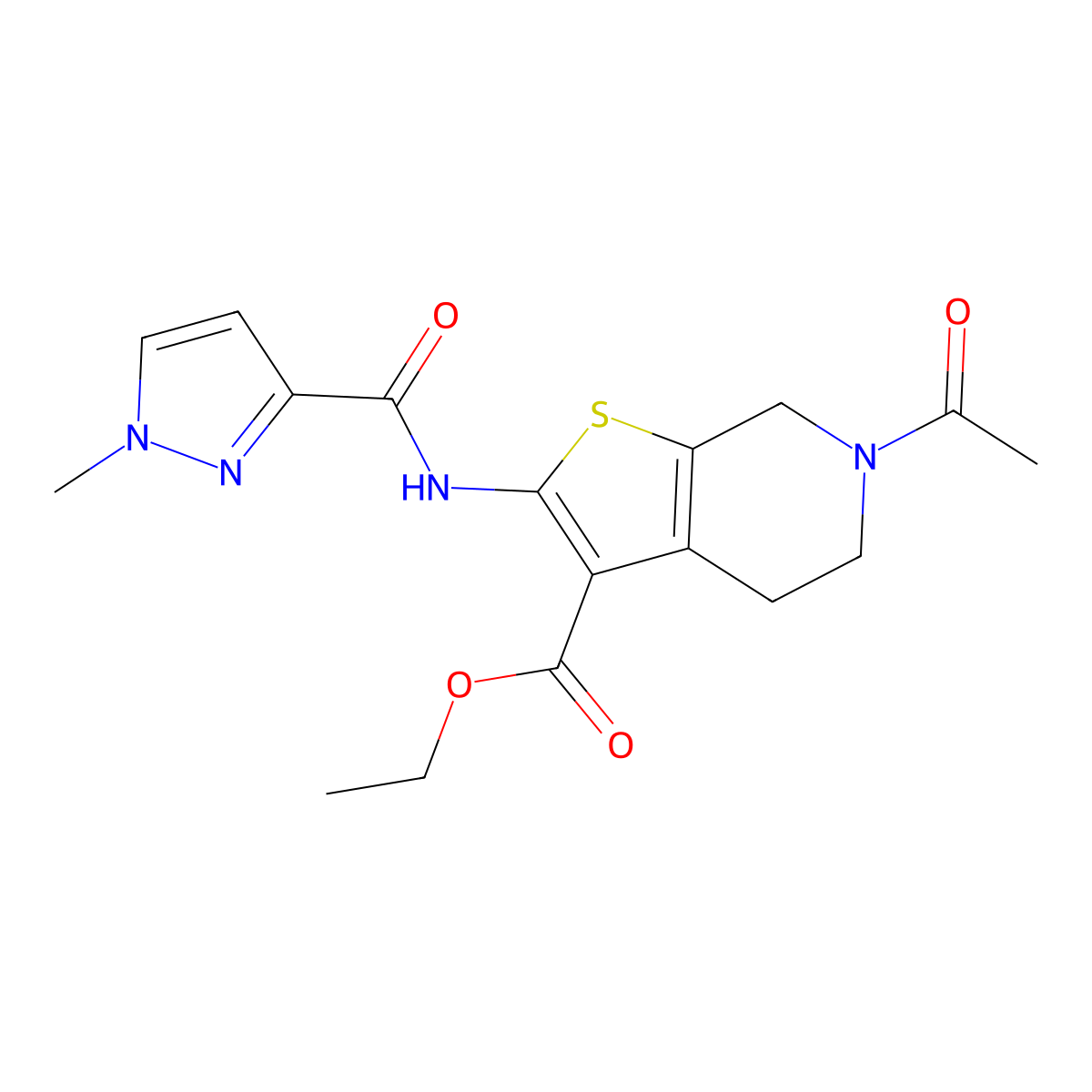 ethyl 6-acetyl-2-(1-methyl-1H-pyrazole-3-carboxamido)-4,5,6,7-tetrahydrothieno[2,3-c]pyridine-3-carboxylate molecular structure, CAS 1170622-14-6