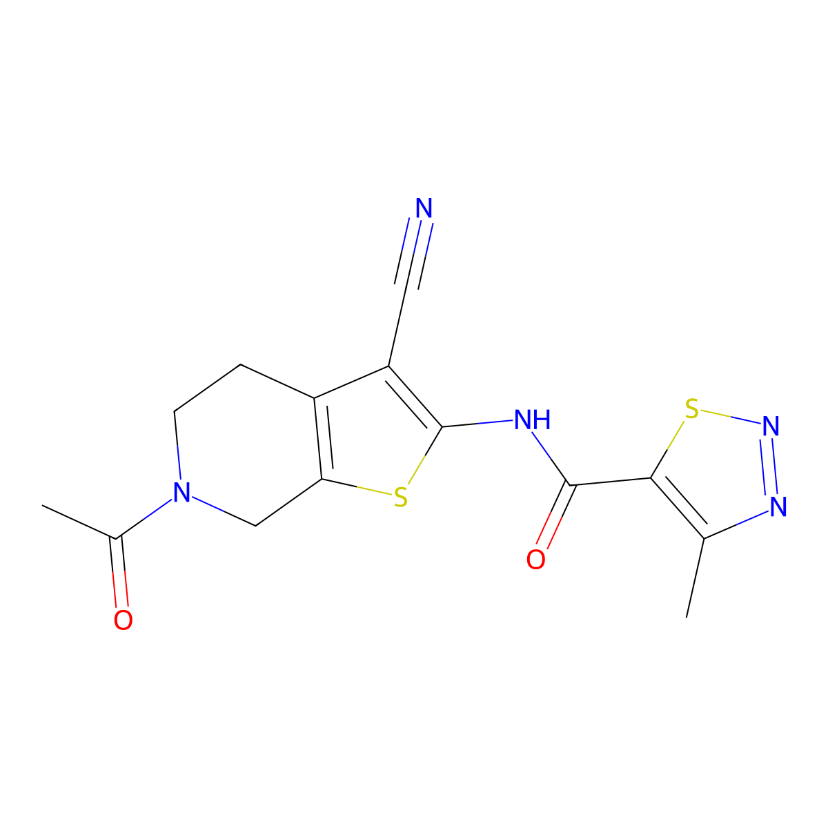 N-(6-acetyl-3-cyano-4,5,6,7-tetrahydrothieno[2,3-c]pyridin-2-yl)-4-methyl-1,2,3-thiadiazole-5-carboxamide molecular structure, CAS 1170625-15-6