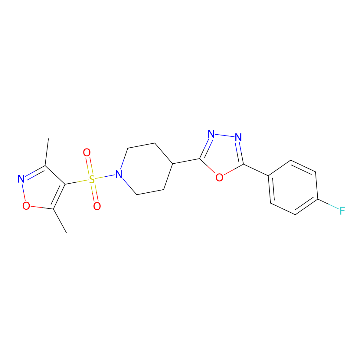 2-(1-((3,5-Dimethylisoxazol-4-yl)sulfonyl)piperidin-4-yl)-5-(4-fluorophenyl)-1,3,4-oxadiazole molecular structure, CAS 1170627-17-4