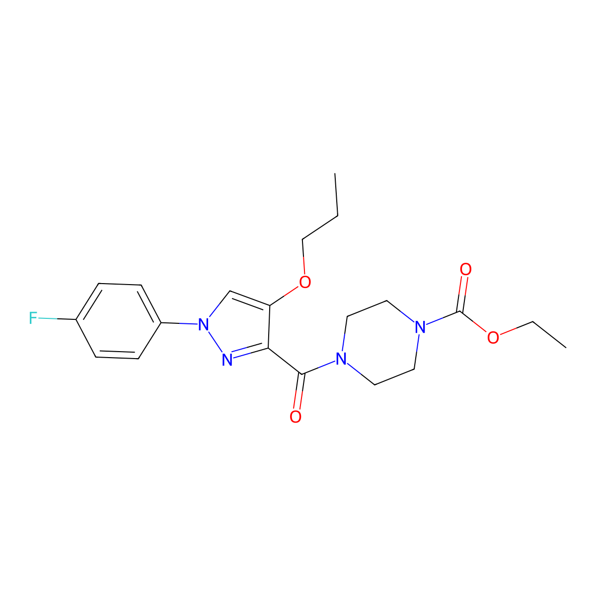 ethyl 4-(1-(4-fluorophenyl)-4-propoxy-1H-pyrazole-3-carbonyl)piperazine-1-carboxylate molecular structure, CAS 1170627-38-9