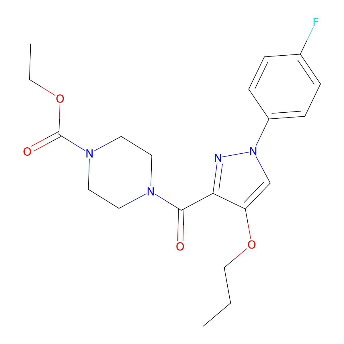 ethyl 4-(1-(4-fluorophenyl)-4-propoxy-1H-pyrazole-3-carbonyl)piperazine-1-carboxylate molecular structure, CAS 1170627-38-9