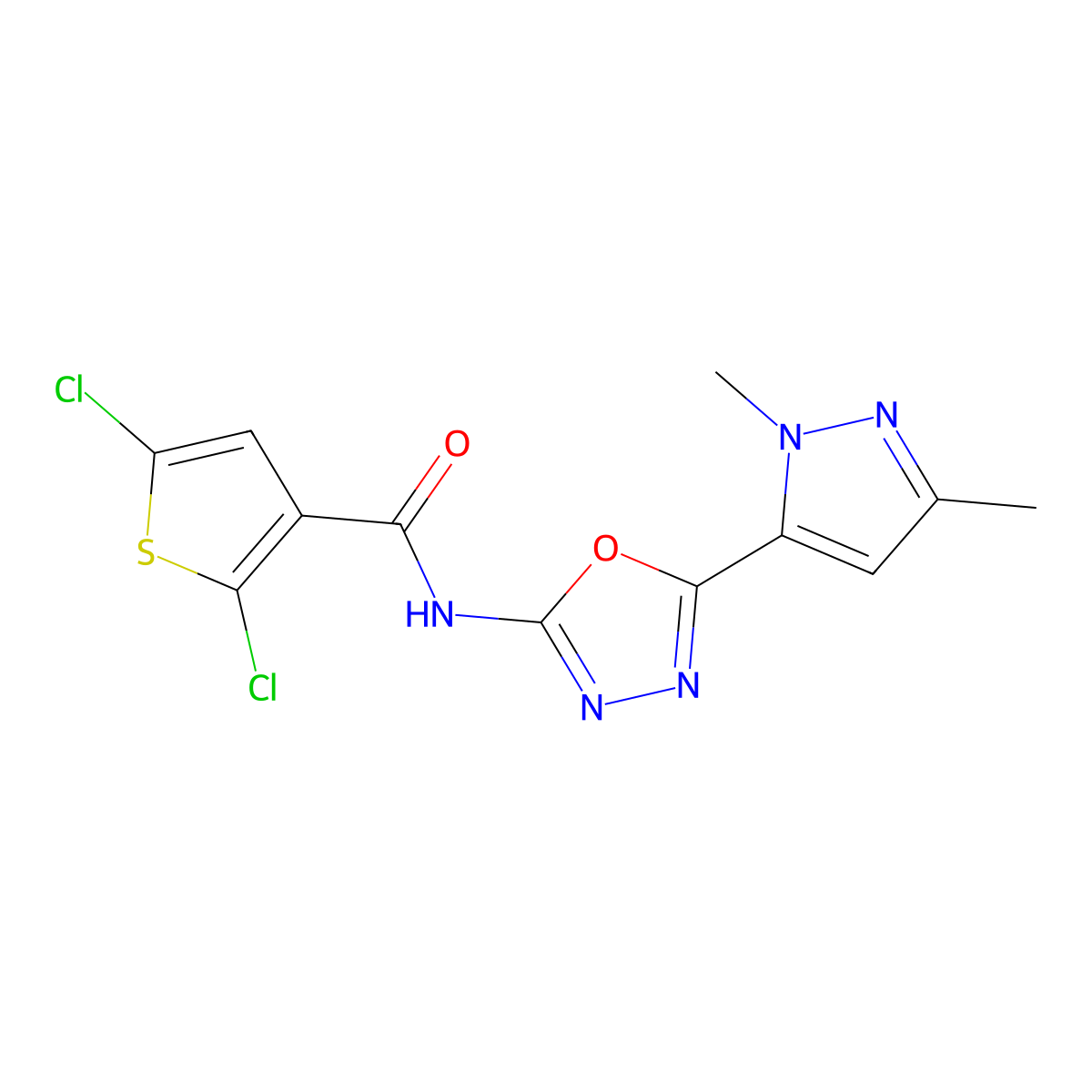 2,5-dichloro-N-[5-(1,3-dimethyl-1H-pyrazol-5-yl)-1,3,4-oxadiazol-2-yl]thiophene-3-carboxamide molecular structure, CAS 1170628-93-9
