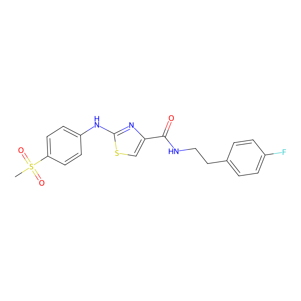 N-(4-fluorophenethyl)-2-((4-(methylsulfonyl)phenyl)amino)thiazole-4-carboxamide molecular structure, CAS 1170630-20-2