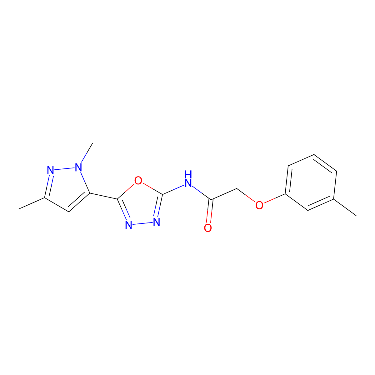 N-[5-(1,3-dimethyl-1H-pyrazol-5-yl)-1,3,4-oxadiazol-2-yl]-2-(3-methylphenoxy)acetamide molecular structure, CAS 1170630-55-3